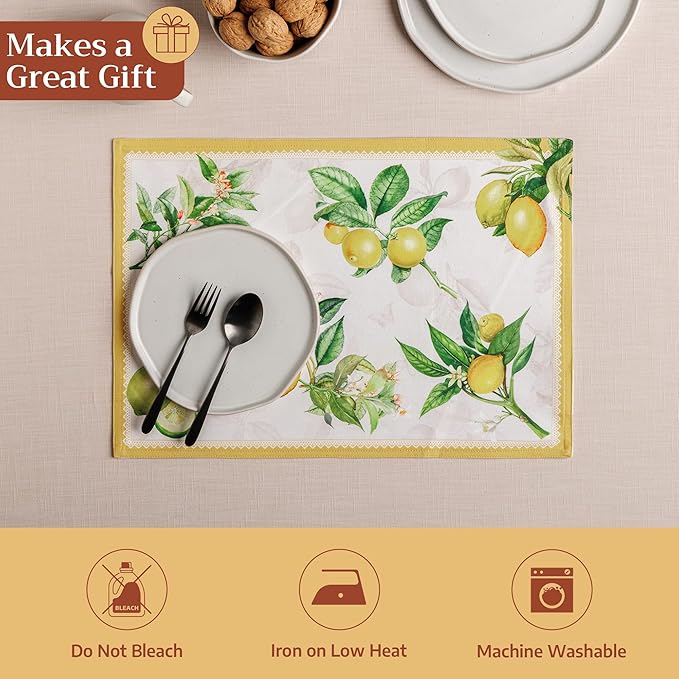 Maison d' Hermine Placemats Set of 4 100% Cotton Washable Cloth Place Mats Reusable Table Mats for Kitchen Dining Party Wedding Gifts for Mothers Day Spring/Summer (Limoncello, 13" x 19")
