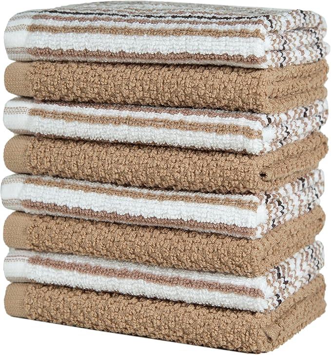 Bumble Premium Dish Cloths Towel 12"x12" | 100% Natural Ring Spun Cotton Tea Towel Set | 430 GSM | Highly Absorbent & Soft Dish Towels | 8 Pack - 4 Popcorn Striped & 4 Solid Kitchen Towels - Tan