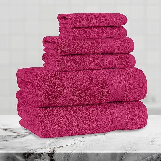 Mocassi Luxury 100% Turkish Cotton 6-Piece Towel Set - Ultra Soft, Quick Dry Highly Absorbent Premium Spa Hotel Quality Bath Towels, Includes 2 Bath Towels, 2 Hand Towels and 2 Washcloths, Hot Pink
