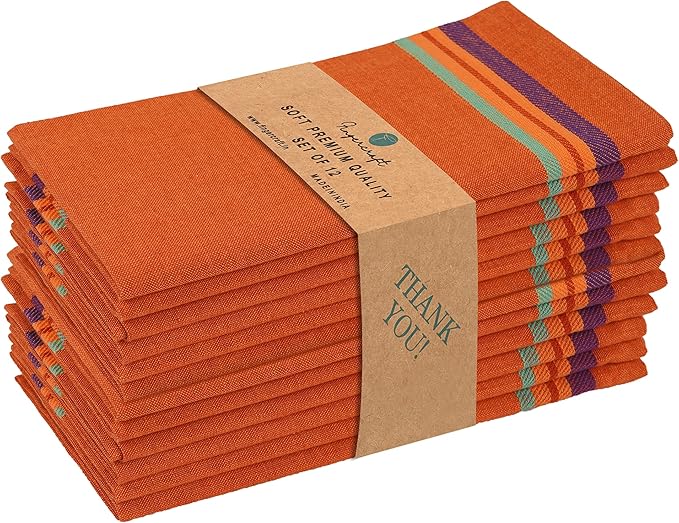 FINGERCRAFT Cloth Napkins, Everyday Use, Premium Quality High GSM Woven Cotton, Set of 12, 20X20 Inch Oversized Napkins Cloth Mitered Corners, Soft, Durable Hotel Quality Orange Multi
