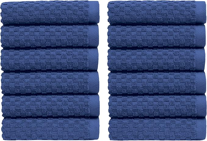 COTTON CRAFT Euro Spa Waffle Wash Cloth - Set of 12 Luxury Pure Ringspun Cotton Waffle Weave Bathroom Face Towel - Everyday Absorbent Hotel Gym Shower Beach Kitchen Travel Dorm - 12x12 inches - Blue
