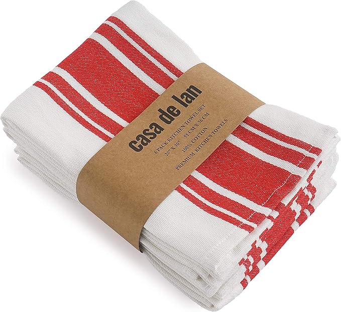 Kitchen Towels Set – Pack of 6 (20’’ x 30’’) Extra Large Premium Cotton Dish Towels for Kitchen – Super Striped Towels – Absorbent – 100% Cotton – Hanging Loop – Red