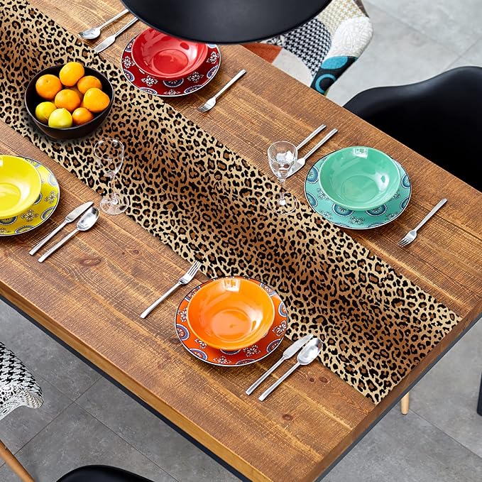 Leopard Print Table Runner 72 Inches Long, Animal Style Table Runner Dresser Scarves, Wildlife Safari Burlap Dining Room Table Decor for Kitchen Farmhouse Indoor Outdoor Home Party