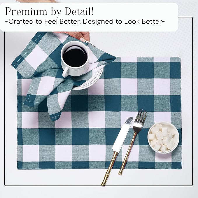 Buffalo Plaid Cloth Napkins, Set of 4, Soft, Durable, Wrinkle Free Fabric Napkins, Checked Napkins for Dinner, Wedding, Restaurant, Buffet, Party, Christmas - Teal White (16”X16”)