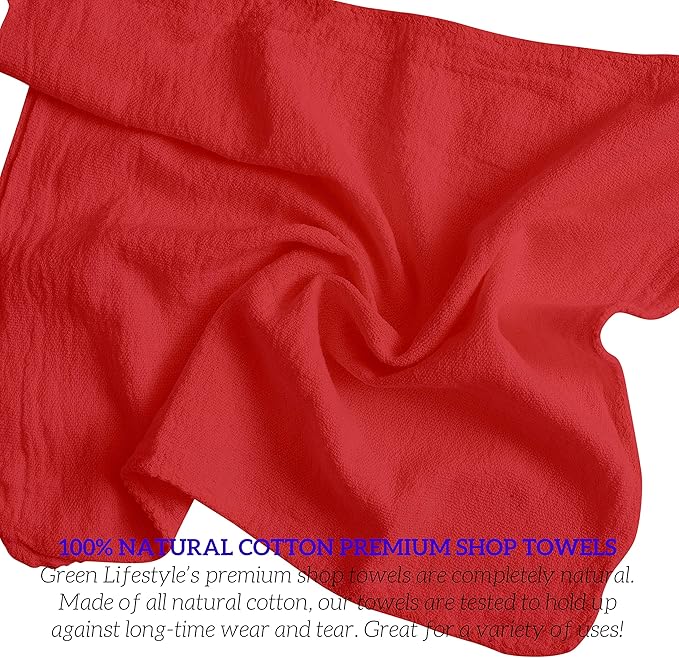 GREEN LIFESTYLE Shop Towels 12" x 14" 600 Pack - Red Cotton Shop Towels, Cleaning Rags Bulk, Reusable Shop Rags, Absorbent Terry Cloth Cleaning Towels for Garage, Industrial and Housekeeping Use