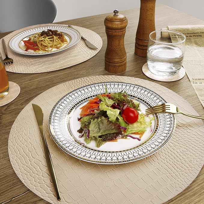 Jovono Round Leather Placemats for Round Tables Set of 6, Beige Place Mats and Coasters, Wipeable Waterproof Heat Resistant Table Mats Easy to Care for Indoor Decor 14 inch Diameter