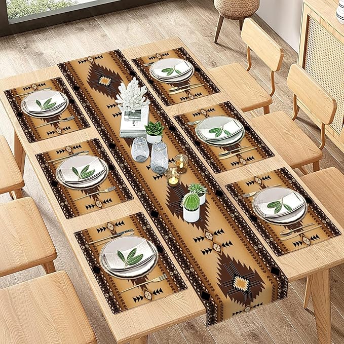 ArtSocket Western South Table Runner and Placemats Set of 6, Ethnic Boho Tribal Aztec Colorful Flower Dining Decor for Daily Use(1 Table Runner 72 inches Long and 6 Placemats)