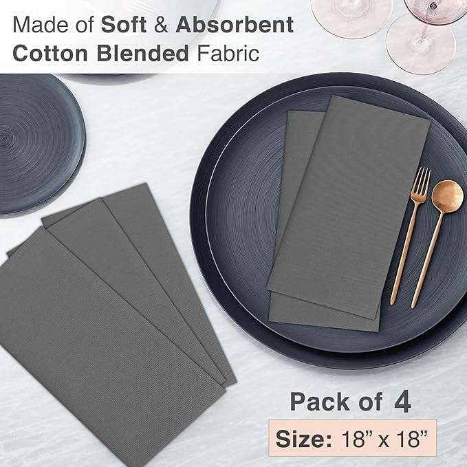Ruvanti Cloth Napkins Set of 4, 18x18 Inches Napkins Cloth Washable, Soft, Durable, Absorbent, Cotton Blend. Table Dinner Napkins Cloth for Hotel, Lunch, Restaurant, Wedding Parties - Charcoal Grey