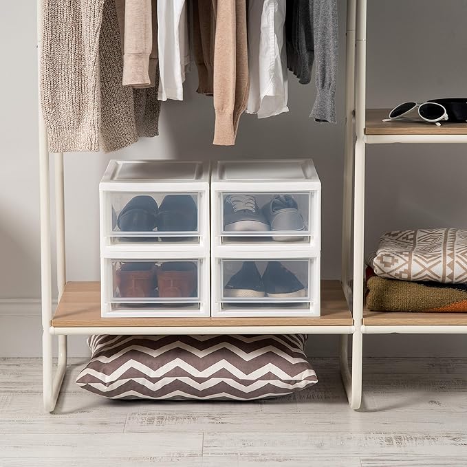IRIS USA 6 Qt. Small Plastic Stacking Drawer, Stackable Storage Organizer Unit with Sliding Drawer for Bedroom Kitchen Under Sink Pantry Craft Room Dorm Office, White, 4-Pack