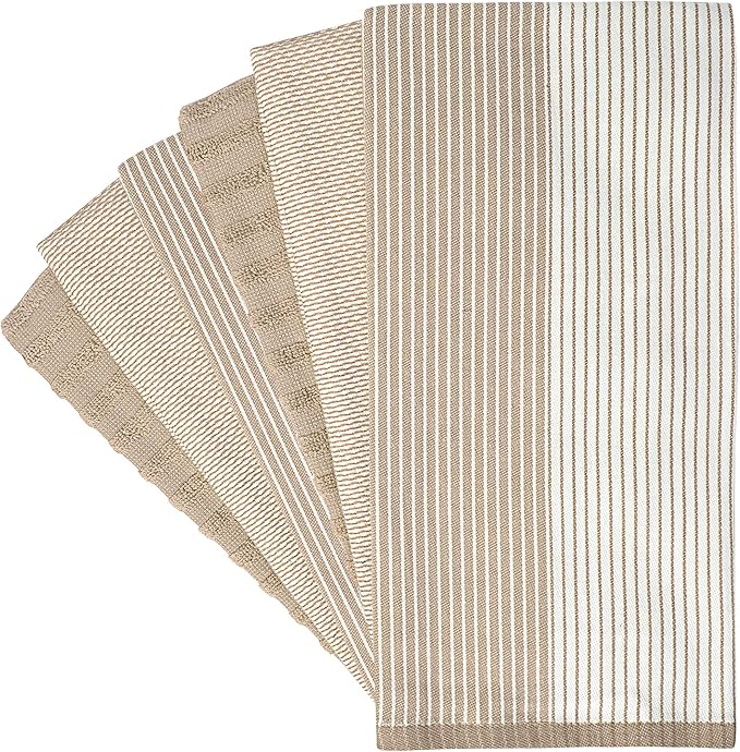 Premium Kitchen Towels (20”x 28”, 6 Pack) | Large Cotton Dish Towels | Flat & Terry Highly Absorbent Kitchen Linen Set with Hanging Loop | Tan
