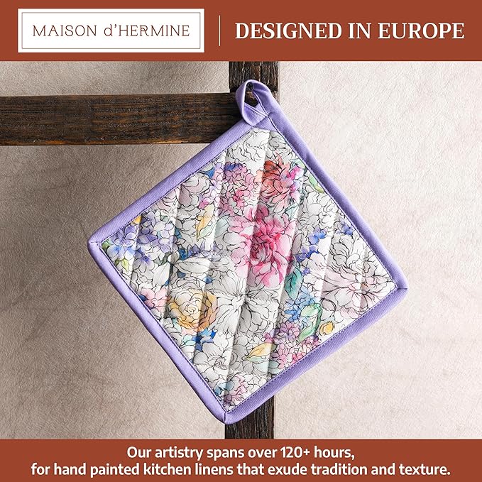 Maison d' Hermine Pot Holders 100% Cotton Heat Resistant Potholders 8" x 8" Hot Pads with Loop BBQ Cooking Baking Gifts for Mothers Day Handling Hot Pans Spring/Summer (Pack of 1, Floral Love)