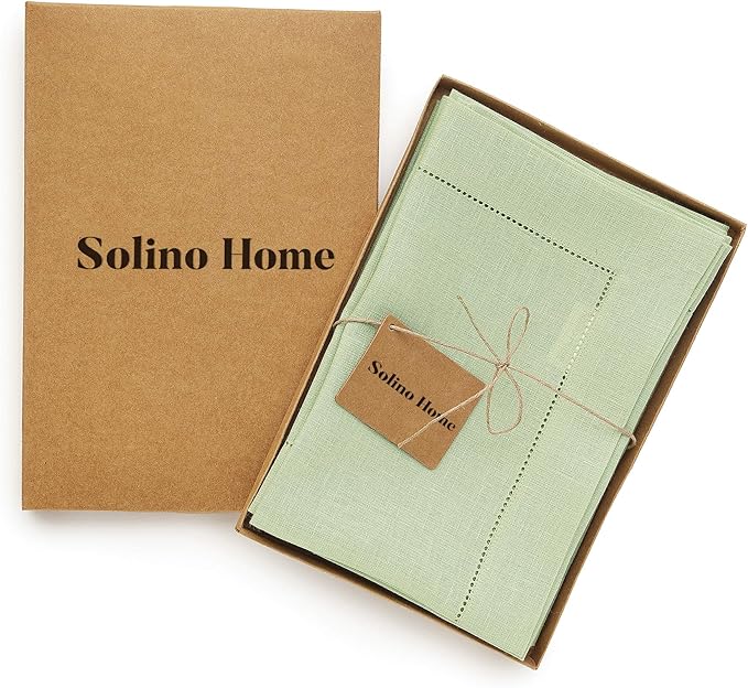 Solino Home Linen Napkins Set of 4 - Classic Hemstitch 100% Pure Linen Sage Green Dinner Napkins Cloth 20 x 20 Inch for Spring, Summer - Handcrafted and Machine Washable