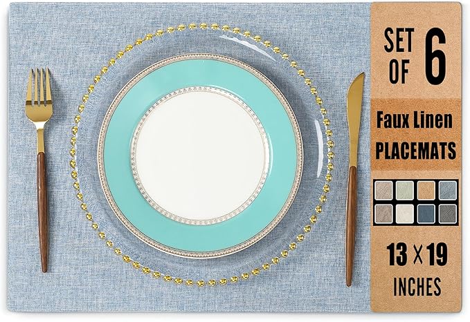 UnivoColors Set of 6 Faux Linen Placemats, Heat-Resistant & Easy-to-Clean,13"x19"for Dining Table, Kitchen, Holiday Meals (Powder Blue)