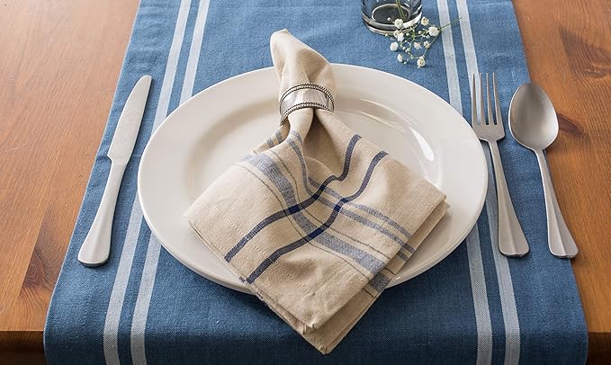DII French Stripe Tabletop Collection Farmhouse Style Dining Table Linen Napkin Set, 20x20, Taupe/Blue, 6 Piece