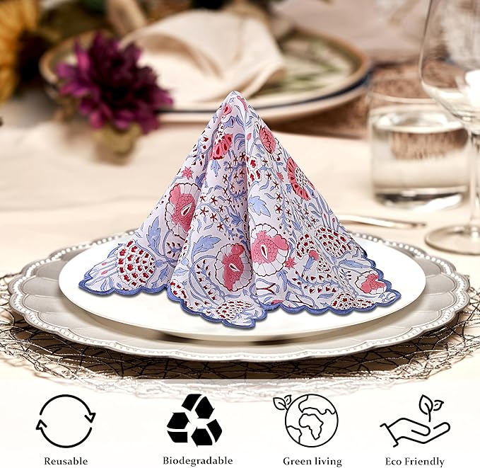 Ridhi Hand Block Print Pigeon Blue 18" x 18" (Set of 4) Embroidery Table Napkins Reusable Cotton Dinner Napkins for Weddings, Parties, Everyday Dining Gift for Spring, Easter, Valentine