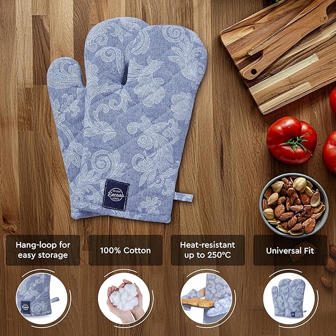 Encasa XO Oven Gloves Heat Resistant | Microwave Cooking Mittens for Baking & Kitchen Use | 12x7 in | Cotton Utensil Holder - Chambray Fabric (Pack of 2, Blue)