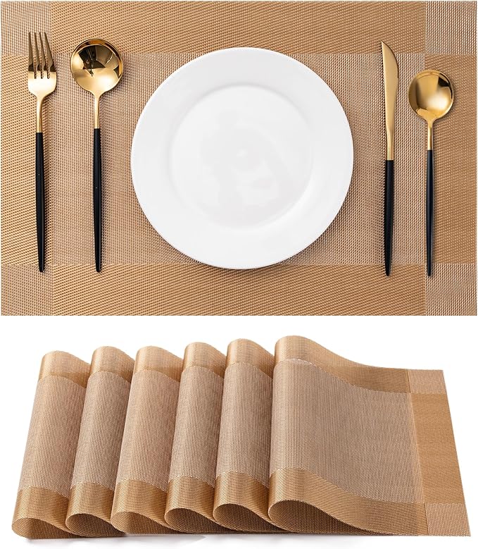 CADONO Placemats Set of 6 Washable Indoor/Outdoor Vinyl Place Mats for Dining Table Durable Non-Slip Heat Resistant PVC Weave Table Mats（Gold Cube）