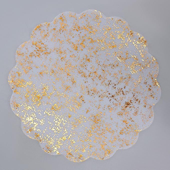 Snowkingdom Gold Placemats Set of 50, Gold Metallic Mesh Glitter Foil Floral Scalloped 13" Round Disposable Doilies for Dinning Table Fall Wedding Birthday Party Thanksgiving Christmas Decorations