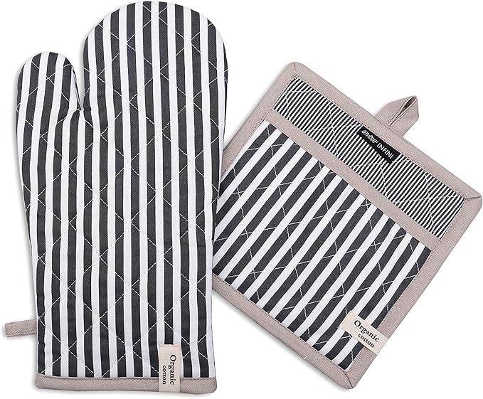 AMOUR INFINI Striped Pot Holders and Oven Mitts Heat Resistant Non Slip Reusable Set of 1 Oven Mitt and 1 Pot Holder Oven Gloves Pot Holder for Cooking (Charcoal)