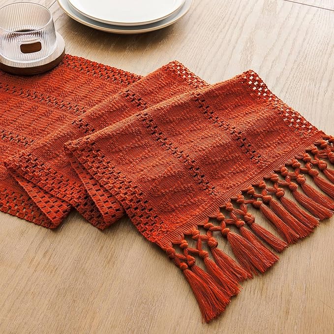 ZeeMart Macrame Style Boho Table Runner, Burnt Ochre Fall Table Runners 72 Inches Long, Farmhouse Woven Home Decor, 12x72 Inch, Dark Orange