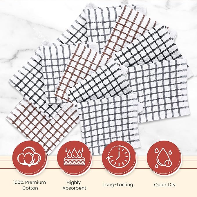 Vintage Vista 100% Cotton Dish Cloths (Pack of 12) - Dish Rags for Washing Dishes - Reusable & Highly Absorbent Kitchen Towels - Kitchen Rags fo Easter - (12" x 12" - Multicolor Checkered)