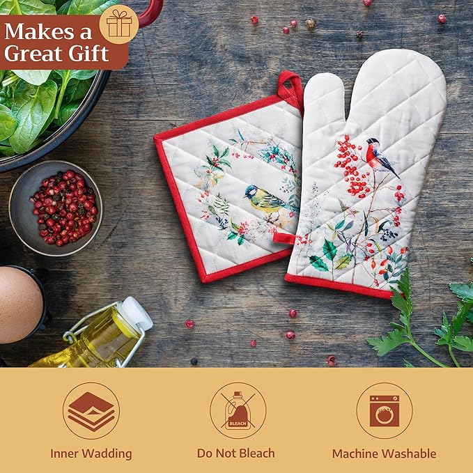 Maison d' Hermine Oven Gloves 100% Cotton Oven Mitt 7" x 13" with Loop Heat Resistant BBQ Cooking Gloves for Thanksgiving Christmas Decorations Baking Handling Hot Pans (Pack of 1, Morzine)