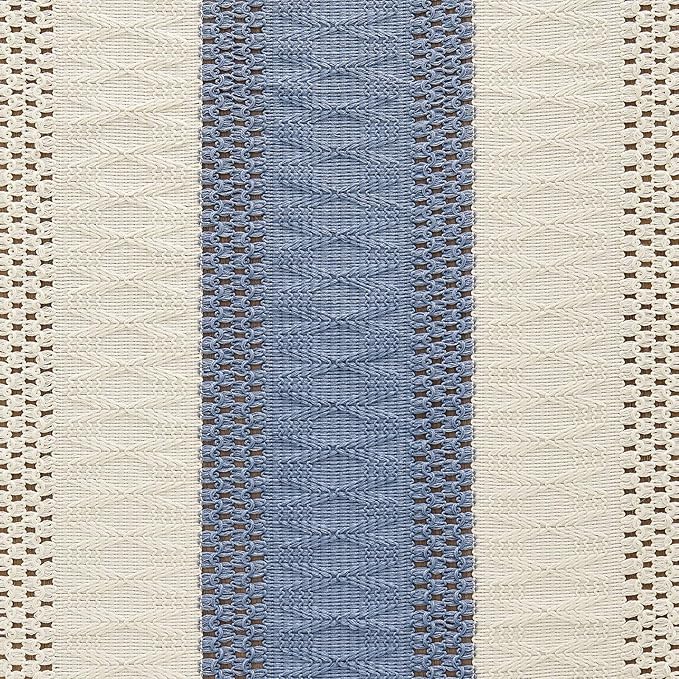 ZeeMart Macrame Style Bicolor Stitching Table Runner, 14 x 60 Inch Blue/Ivory, Boho Blue Table Runners 60 Inches Long, Farmhouse Woven Home Decor