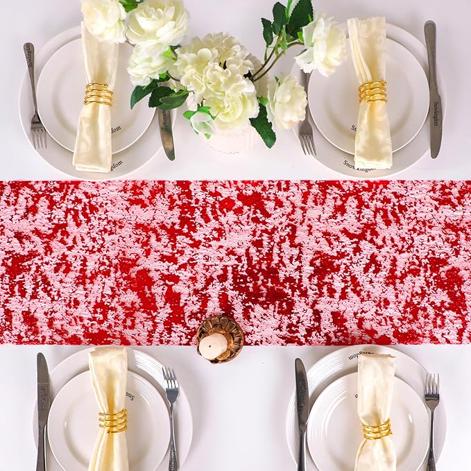 Snowkingdom Red Sparkly Table Runner Glitter Sequin Glitter Metallic Foil Mesh Lace 11 Inch x 49 Feet Long Roll Centerpieces Decorations for Wedding Anniversary Mother's Day Valentine Party Birthday
