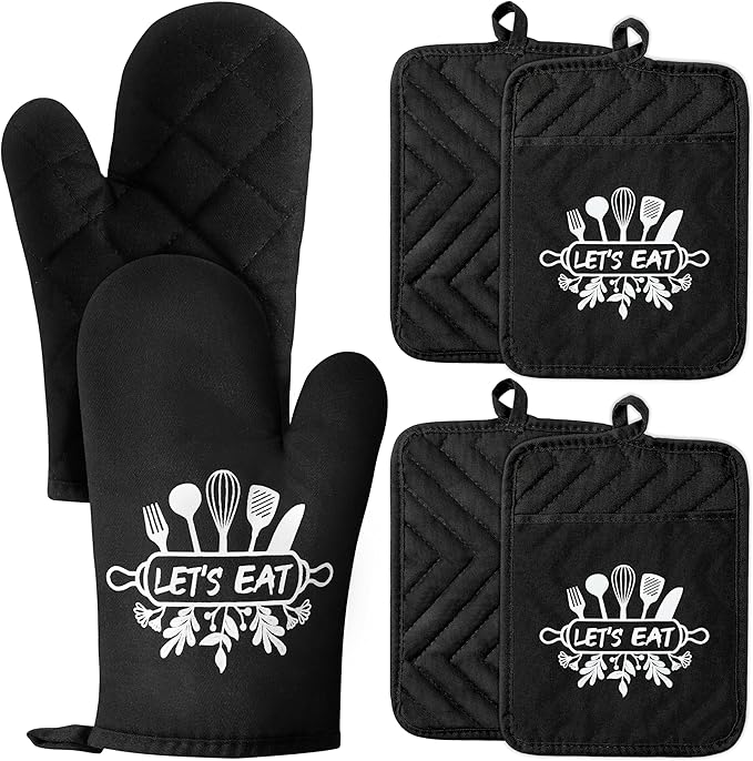 GROBRO7 6Pcs Cotton Oven Mitts Pot Holders Set Let's Eat Heat Resistant Hot Pads Machine Washable Microwave Gloves with Hanging Loop Pocket Potholder for Daily Kitchen Baking Cooking Grilling Black