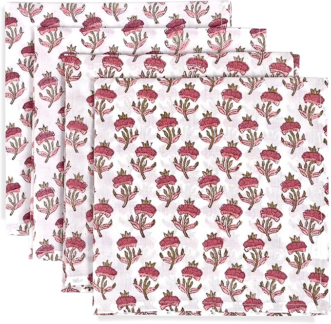 Ridhi Rosewood Pink Meadow Hand Block Print 100% Cotton Napkins 18" x 18" (Set of 4) Reuseable Kitchen Napkins Cloth Decor Dinner Party Cocktail Gift for Spring, Easter, Valentine