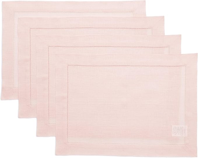 Solino Home Linen Placemats Set of 4 - Classic Hemstitch Pink Placemats 14 x 19 Inch - 100% Pure Linen Table Mats for Mothers Day, Spring, Summer