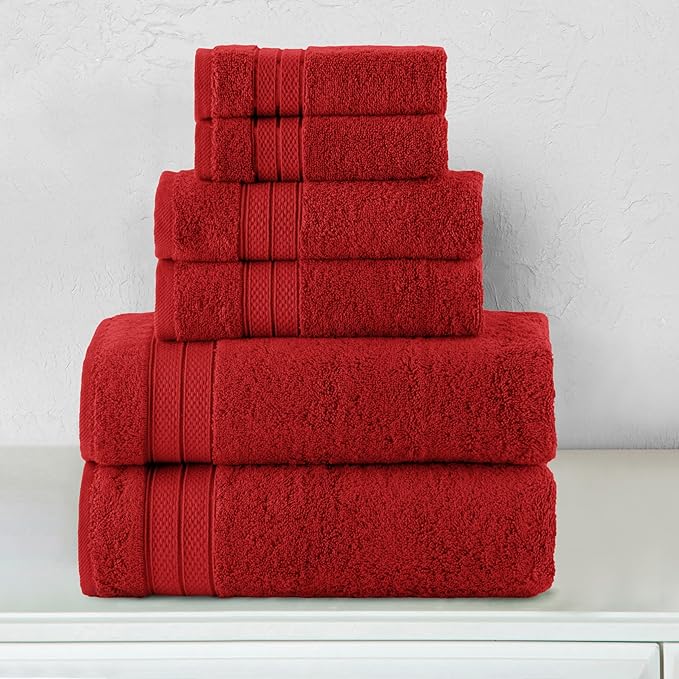 Elegant Comfort Luxury 6-Piece Towel Set, Premium Soft 100% Turkish Cotton, Three Line Popcorn Design 2 Bath Towels, 2 Hand Towels and 2 Washcloths Towel Set - Quick-Drying and Absorbent, Red