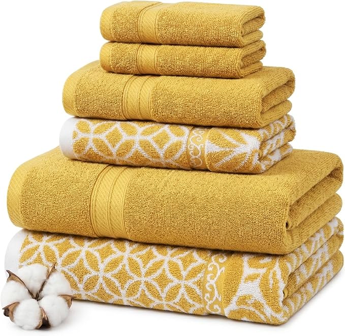 Modern Threads Botanical Vine 6-Piece 100% Cotton Towel Set – Reversible Yarn Dyed Jacquard – Includes 2 Bath Towels, 2 Hand Towels, 2 Washcloths – Absorbent, Quick Dry, Soft & Durable – Gold