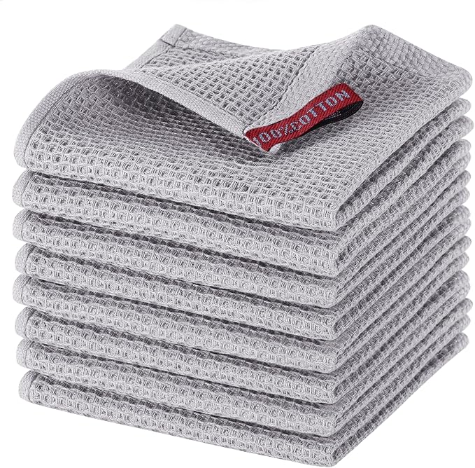 joybest Cotton Kitchen Dish Cloths, 8-Pack Waffle Weave Ultra Soft Absorbent Dish Towels Washcloths Quick Drying Dish Rags, 12x12 Inches, Light Gray