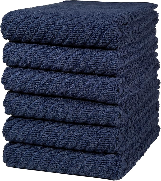 Premium Kitchen Towels (16”x 25”, 6 Pack) | Large Cotton Kitchen Hand Towels | Dish Towels | Diagonal Weave Design | 445 GSM Highly Absorbent Tea Towels Set with Hanging Loop | Navy