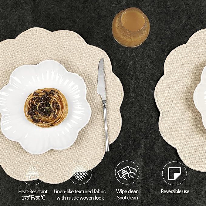 AHHFSMEI Round Faux Linen Placemats Set of 6 Waterproof Table Mats Heat Resistant Non-Slip and Stain Proof for Kitchen Dining Elegant Decor (Beige,6)