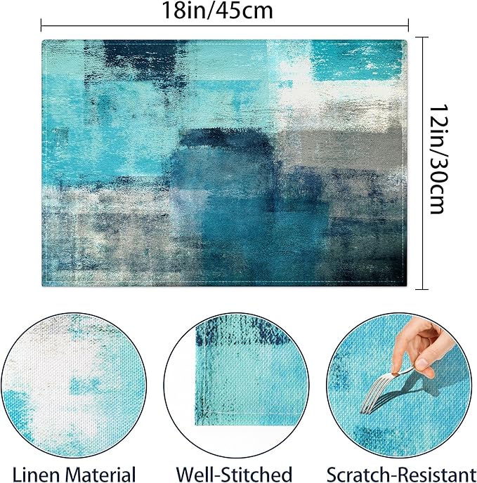 Teal and Gray Placemats Washable, Linen Rectangular Place Mats Set of 4, Dining Table Decor for Living Room, Kitchen, Farmhouse and Outdoor