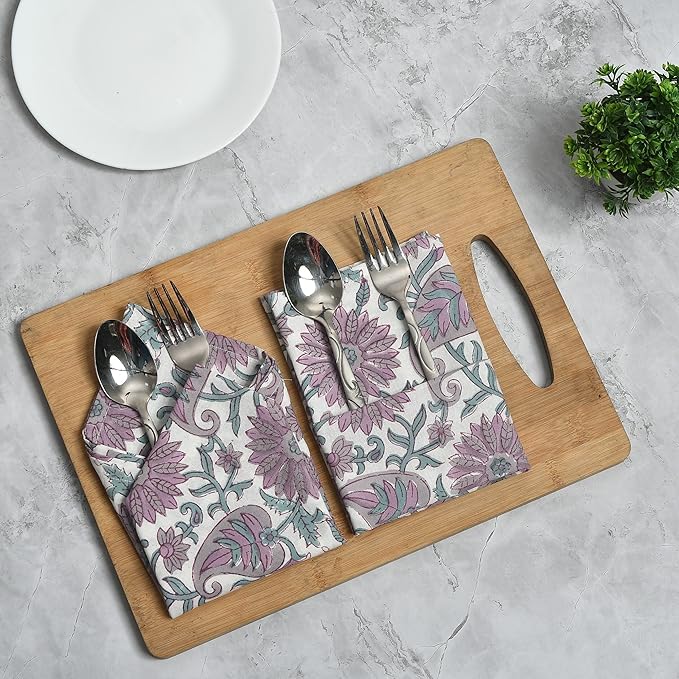 CPC Cloth Napkins 100% Cotton Set of 4 Reusable Napkins, Indian Block Print Toile Floral Dinner Napkin, Fall Thanksgiving Christmas Holiday Party Gift - Soft Absorbent Napkin, 18"x18" Lavendar Flower