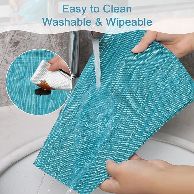 SHACOS Wedge Shape Placemats Set of 8 Woven Vinyl Reversible Placemats for Round Table Curved Place Mats Wipe Clean Non Slip Table Mats Indoor Outdoor, Teal Blue