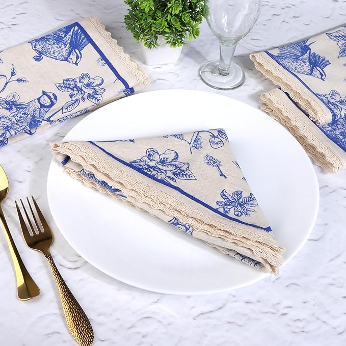 FINGERCRAFT Dinner Cloth Napkin Cotton Linen Blend 4 Pack Mitered Corners with Elegant Lace for Everyday Use Napkins are Pre Shrunk and Good Absorbency (Toile, 20in x 20in)