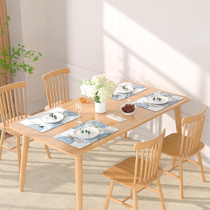 QIYI Placemats Set of 6, 12x18 Inch Faux Leather Place Mats for Kitchen Dinning, Heat Resistant Anti Slip Flower Table Mats, Waterproof Wipeable Washable Placemat Party Table Décor, Blue Floral Burst