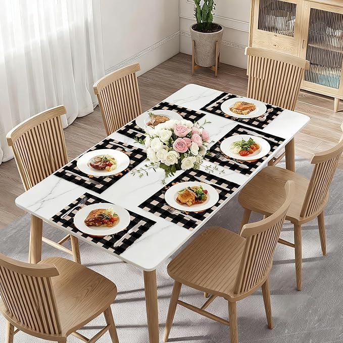Plaid Pumpkin Placemats Set of 6,Flower Dinner Table Mats Non-Slip Washable Mats for Kitchen Dinner Party Tablemat 12x18Inch