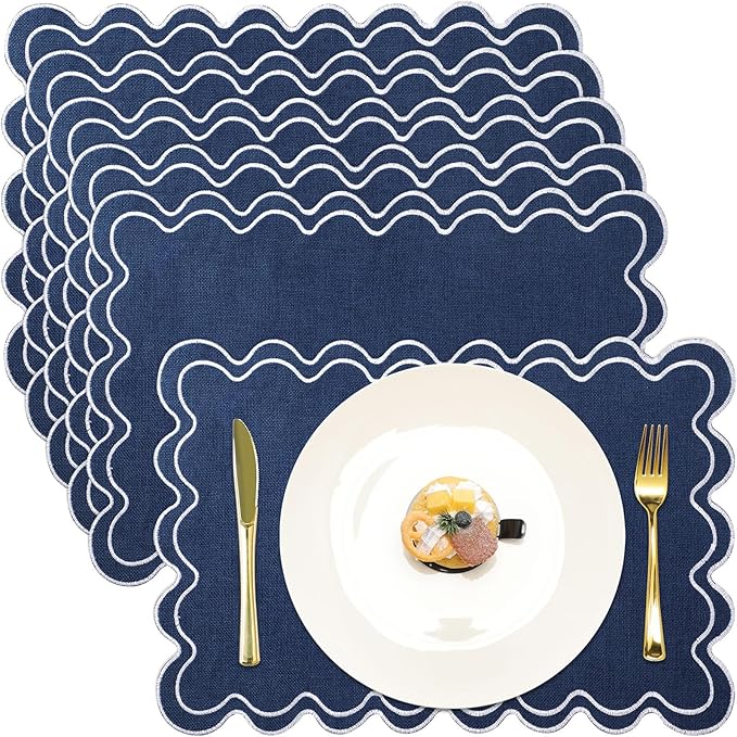 HunnmingRe Set of 6 Cotton Linen Placemats, 13x19 Inch Scalloped Wavy Embroidery Placemat Double Layered Washable Rustic Rectangle Dinner Table Mats for Wedding Home Decor(Navy Blue with White)