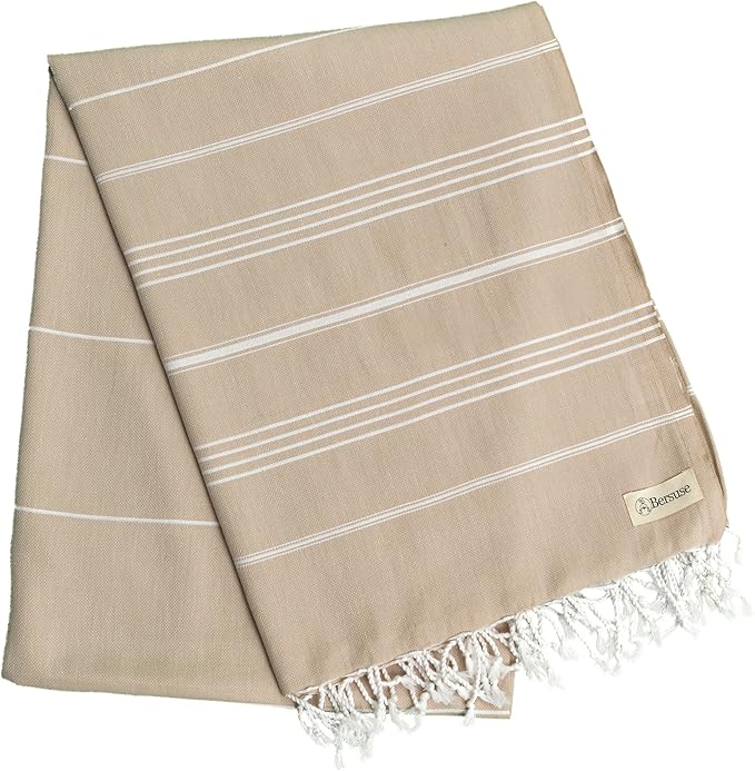 Bersuse Towels Anatolia XL Beach Blanket Throw Blanket Turkish Towel 100% Cotton Extra-Large Quick-Dry Lightweight Premium Peshtemal Towel - 61x82 Inches, Beige (Set of 3)