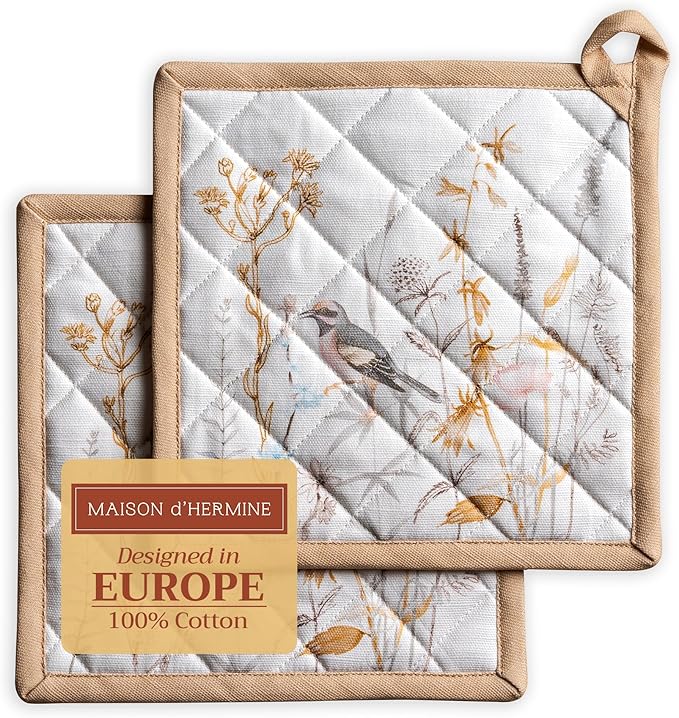 Maison d' Hermine Pot Holders 100% Cotton Heat Resistant Potholders 8" x 8" Hot Pads with Loop Baking Gifts for Mothers Day Handling Hot Pans Spring/Summer (Pack of 2, Meadow Florals - Beige)