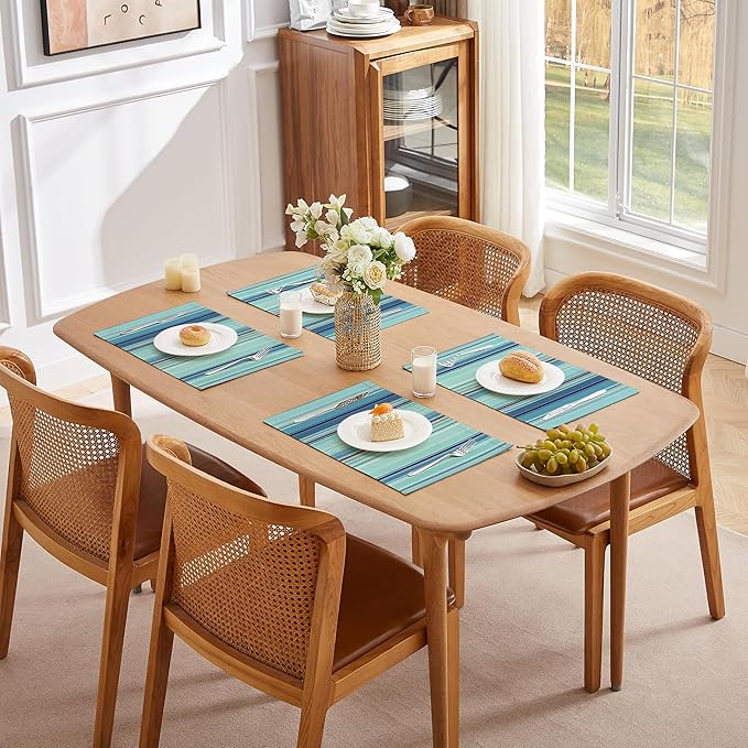 LilyCat Linen Fabric Blue Stripes Placemats, Durable Boho Dining Table Mats for Kitchen, Rustic Vintage Washable Place Mats Set of 6, 18’’× 12’’