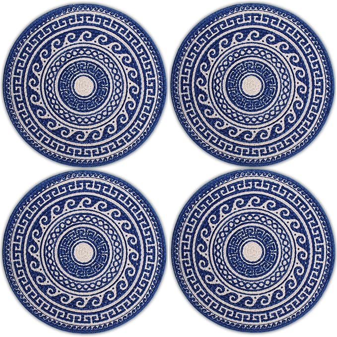 Encasa XO Dining Placemats Set of 4 | Cotton Round Table Mat - 13 in Diameter | Blue Mandala Print | Handmade Rib Style Chargers for Dinner Plates