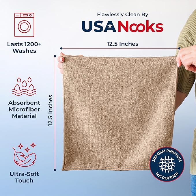 USANOOKS Microfiber Cleaning Cloth - Beige - 24Pcs (12.5x12.5 inch) High Performance - 1200 Washes, Ultra Absorbent Car Towel Traps Grime & Liquid for Streak-Free Mirror Shine - car Washing Cloth