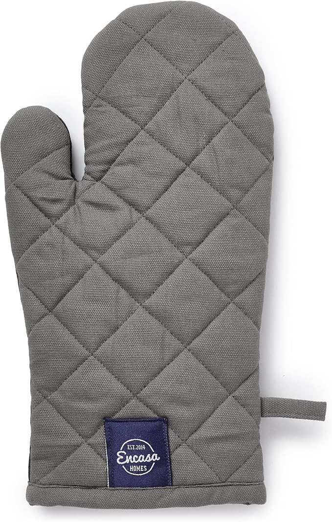 Encasa XO Heat Resistant Cotton Oven Gloves Mitts (2 Pc Set) - Quilted & Safe 12x6.6 in - for Kitchen, Cooking & Baking, Grilling, Handling Hot Pots & Pans - Grey