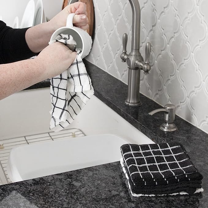 Ritz Premium 3-Pack Kitchen Towel & 6-Pack Dish Cloth Set - Highly Absorbent, Super Soft, Long-Lasting, 100% Cotton Terry Drying Cleaning Cloths, Black